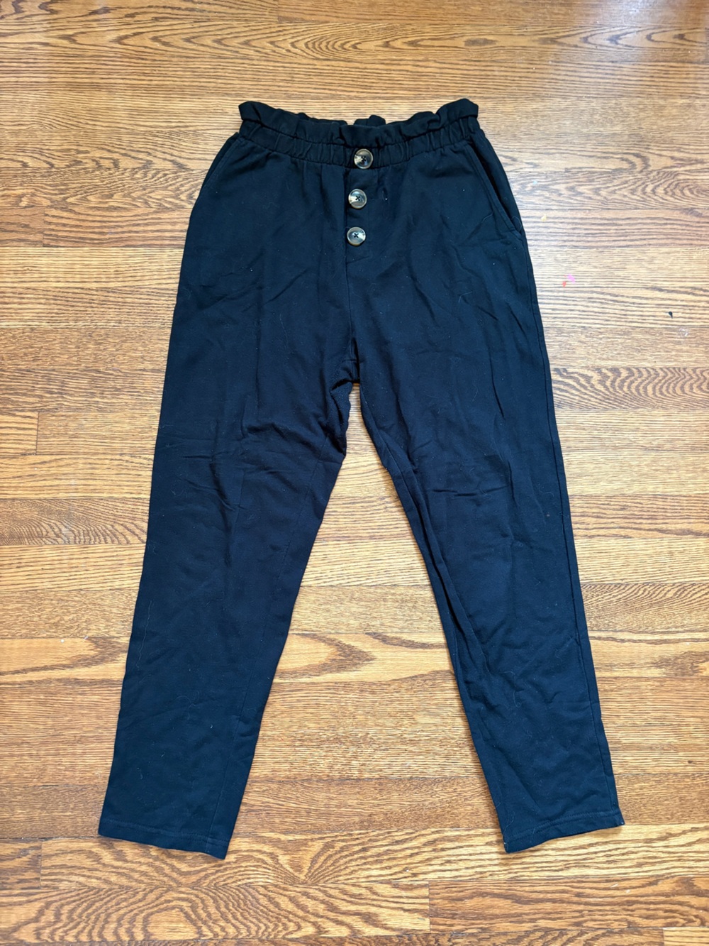 High-Waist Black Paperbag Jogger Pants with Button Front